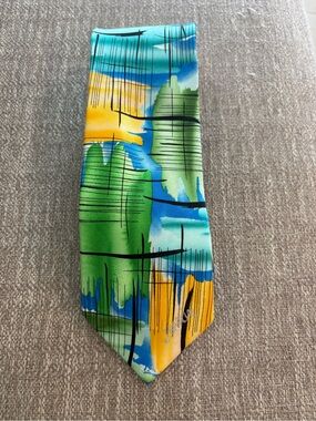 J. Garcia Vibrant Green Blue Yellow Abstract Print Tie
